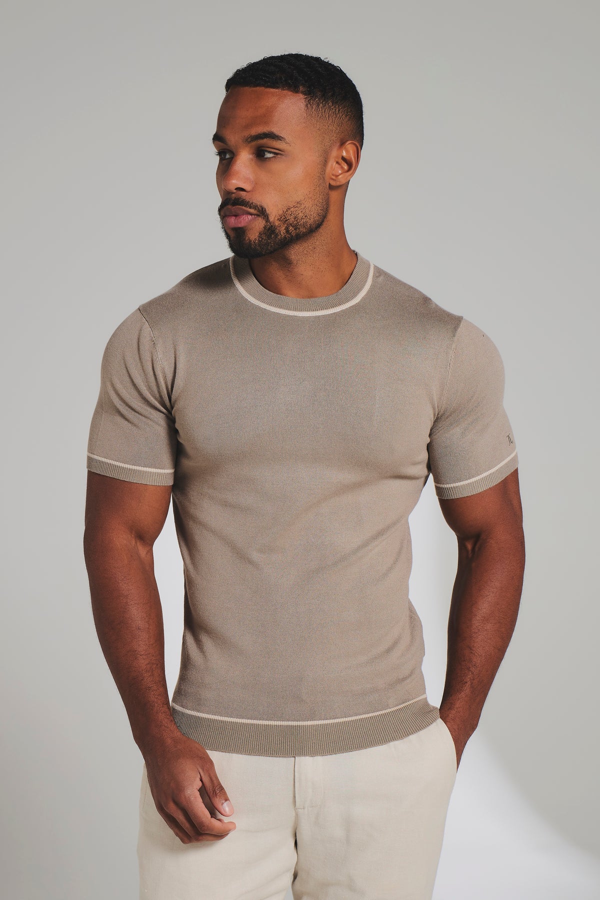 Contrast Tipped Knitted T-Shirt in Taupe and Light Stone