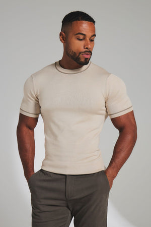 Contrast Tipped Knitted T-Shirt in Light Stone