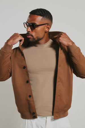 Shower Resistant Button Through Bomber Jacket in Chestnut