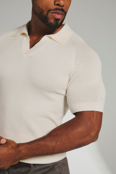 Square Textured Knitted Open Collar Polo Shirt in Ecru - TAILORED ATHLETE - USA