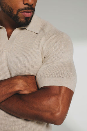 Square Textured Knitted Open Collar Polo Shirt in Wheat Marl - TAILORED ATHLETE - USA