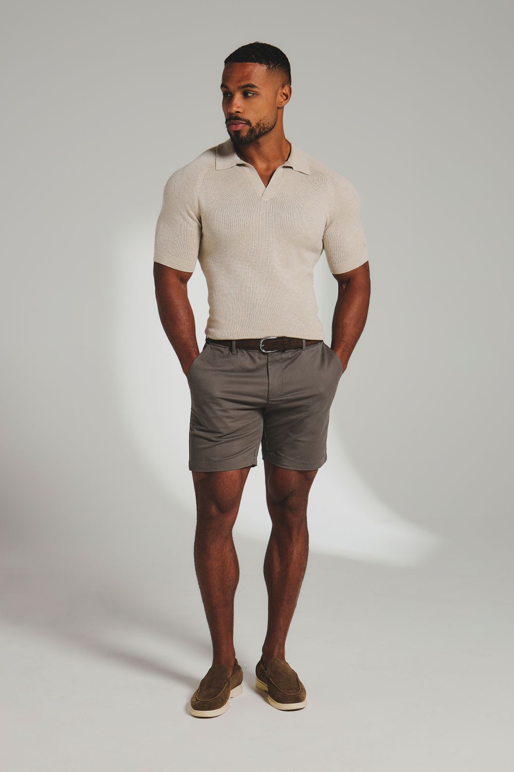 Square Textured Knitted Open Collar Polo Shirt in Wheat Marl - TAILORED ATHLETE - USA