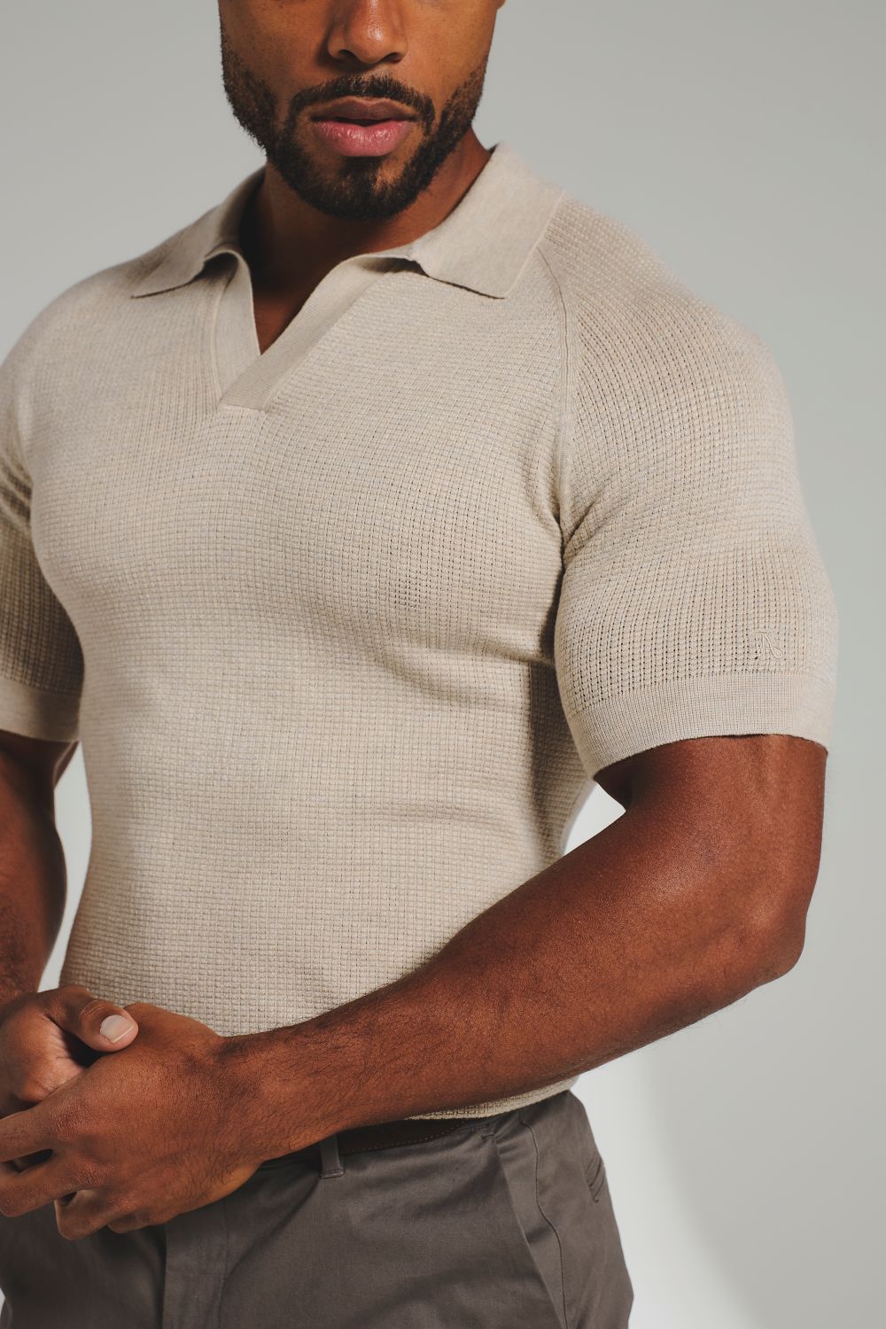 Square Textured Knitted Open Collar Polo Shirt in Wheat Marl - TAILORED ATHLETE - USA