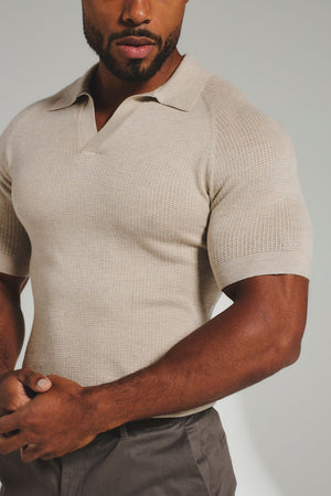 Square Textured Knitted Open Collar Polo Shirt in Wheat Marl - TAILORED ATHLETE - USA