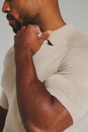 Square Textured Knitted Open Collar Polo Shirt in Wheat Marl - TAILORED ATHLETE - USA