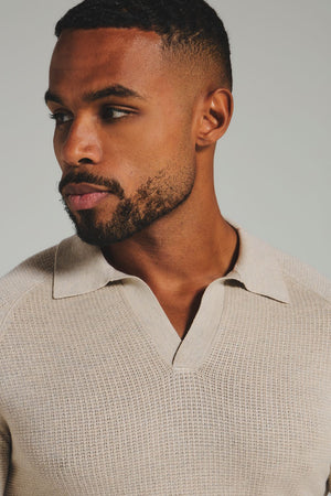 Square Textured Knitted Open Collar Polo Shirt in Wheat Marl - TAILORED ATHLETE - USA
