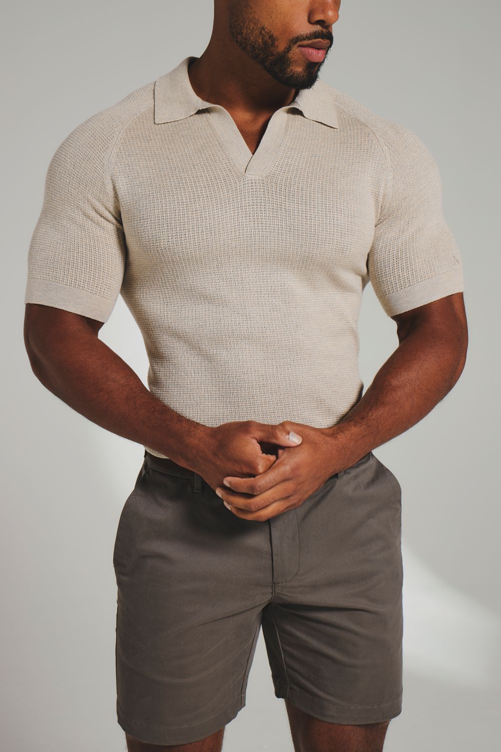 Square Textured Knitted Open Collar Polo Shirt in Wheat Marl - TAILORED ATHLETE - USA