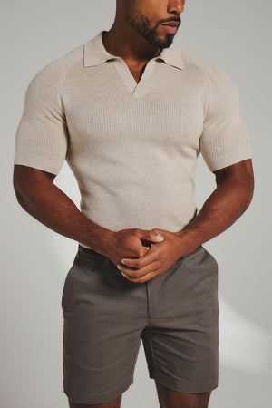 Square Textured Knitted Open Collar Polo Shirt in Wheat Marl - TAILORED ATHLETE - USA