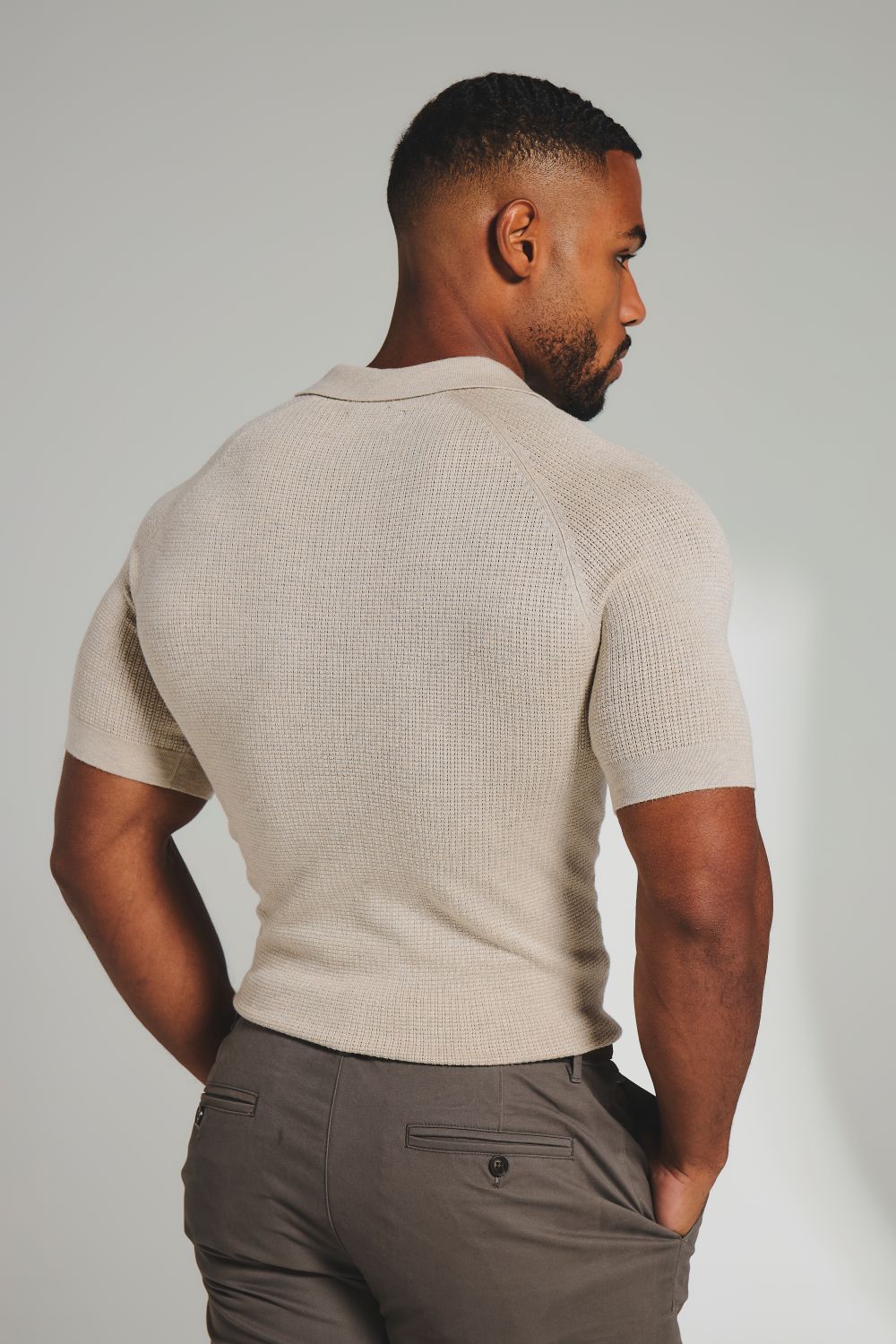 Square Textured Knitted Open Collar Polo Shirt in Wheat Marl - TAILORED ATHLETE - USA