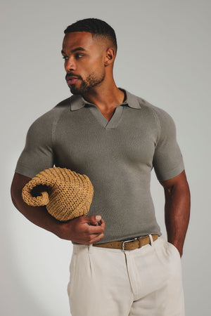 Square Textured Knitted Open Collar Polo Shirt in Sage - TAILORED ATHLETE - USA