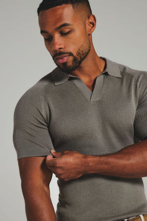 Square Textured Knitted Open Collar Polo Shirt in Sage - TAILORED ATHLETE - USA