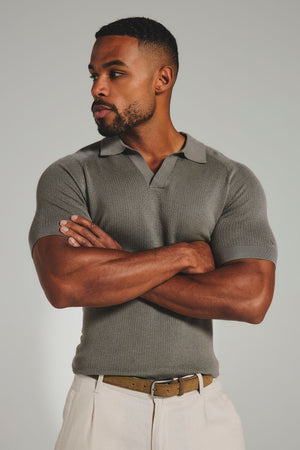 Square Textured Knitted Open Collar Polo Shirt in Sage - TAILORED ATHLETE - USA