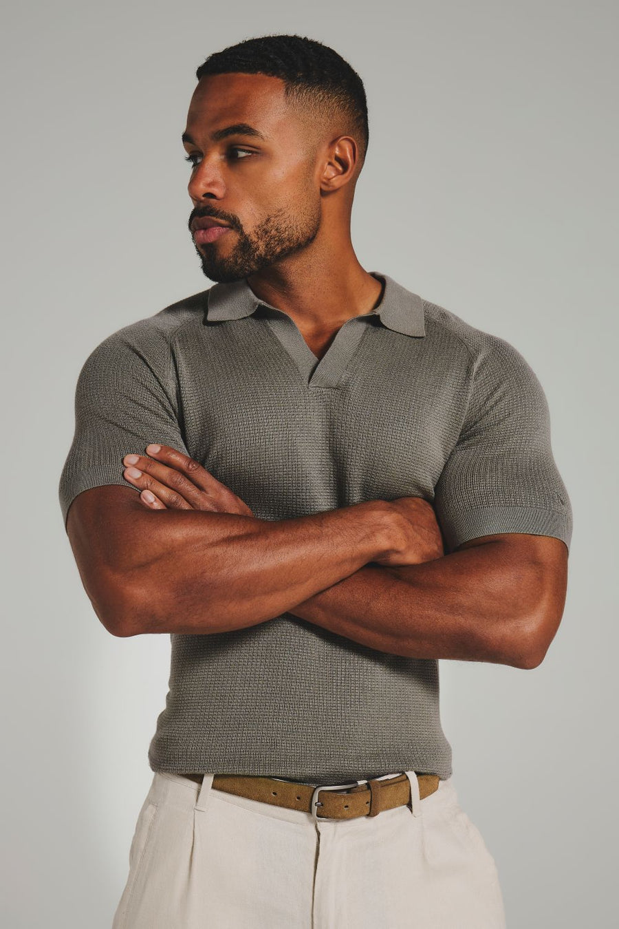 Square Textured Knitted Open Collar Polo Shirt in Sage - TAILORED ATHLETE - USA