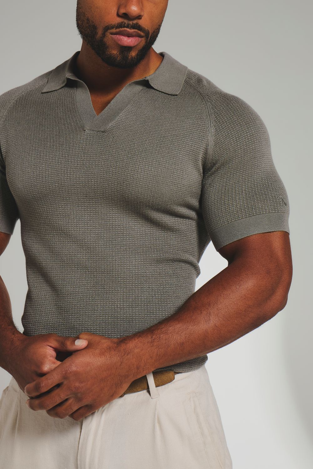 Square Textured Knitted Open Collar Polo Shirt in Sage - TAILORED ATHLETE - USA