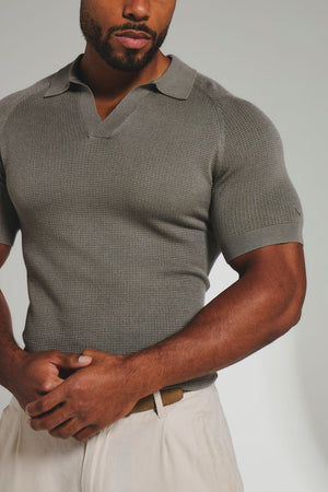 Square Textured Knitted Open Collar Polo Shirt in Sage - TAILORED ATHLETE - USA