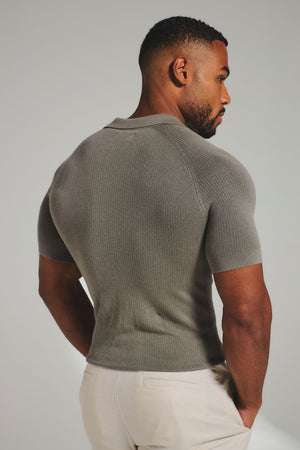 Square Textured Knitted Open Collar Polo Shirt in Sage - TAILORED ATHLETE - USA