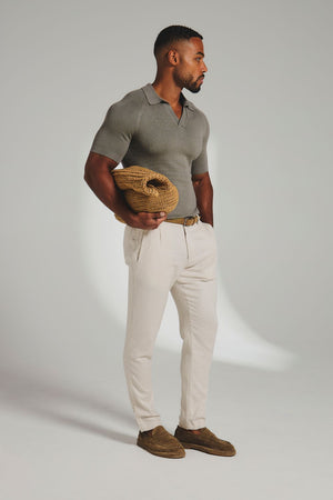 Square Textured Knitted Open Collar Polo Shirt in Sage - TAILORED ATHLETE - USA