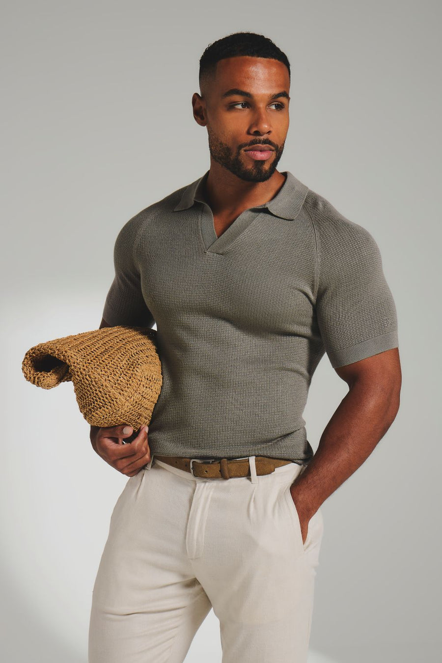 Square Textured Knitted Open Collar Polo Shirt in Sage - TAILORED ATHLETE - USA