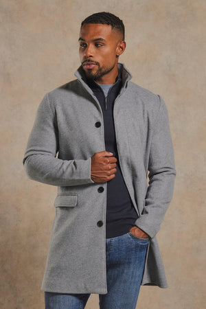 Funnel Neck Overcoat in Mid Grey Marl