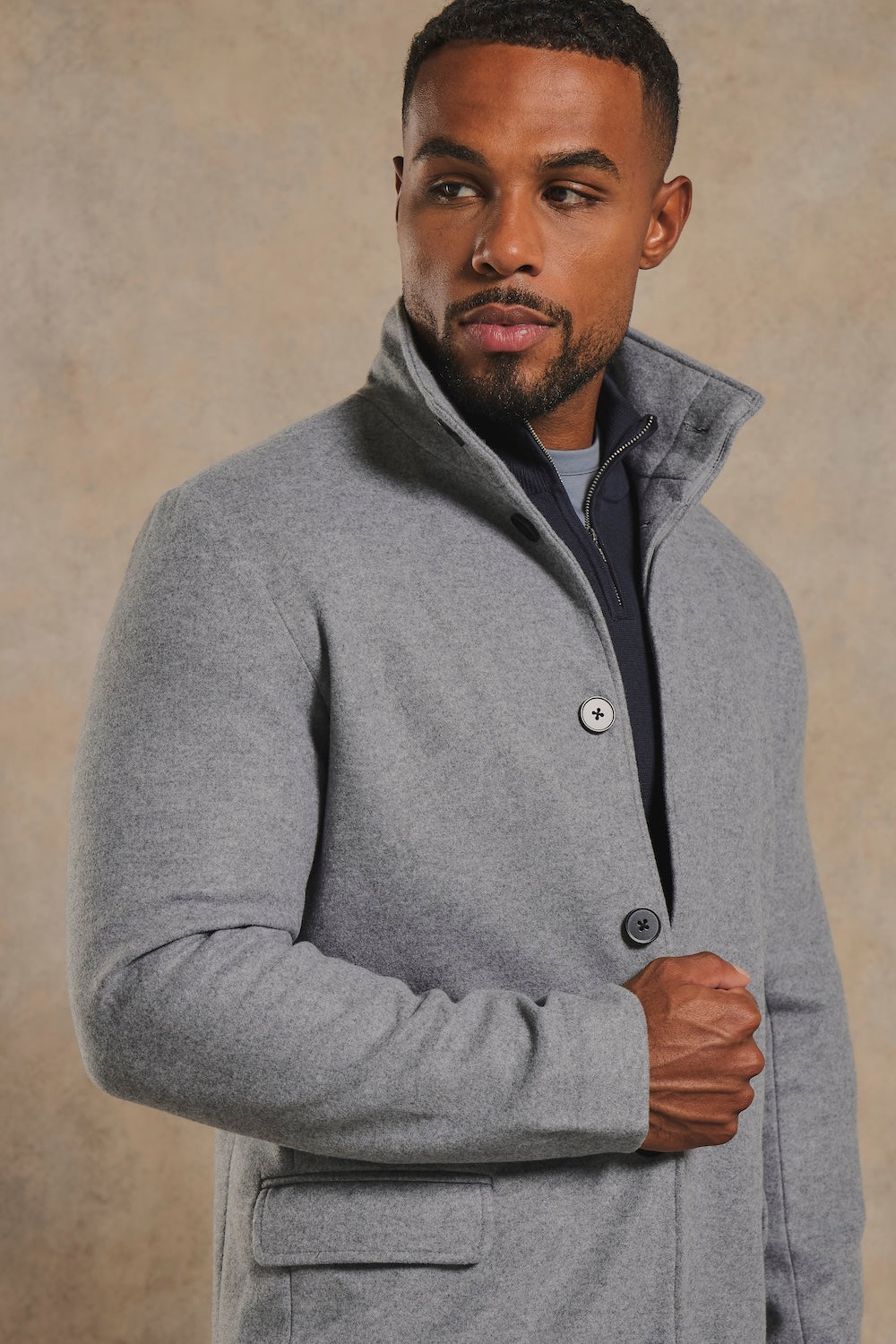 Funnel Neck Overcoat in Mid Grey Marl