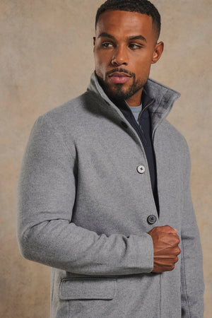 Funnel Neck Overcoat in Mid Grey Marl