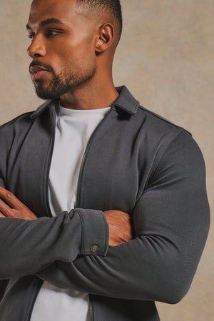 Twill Jersey Zip Through Shacket in Charcoal