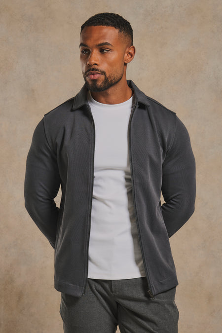 Twill Jersey Zip Through Shacket in Charcoal