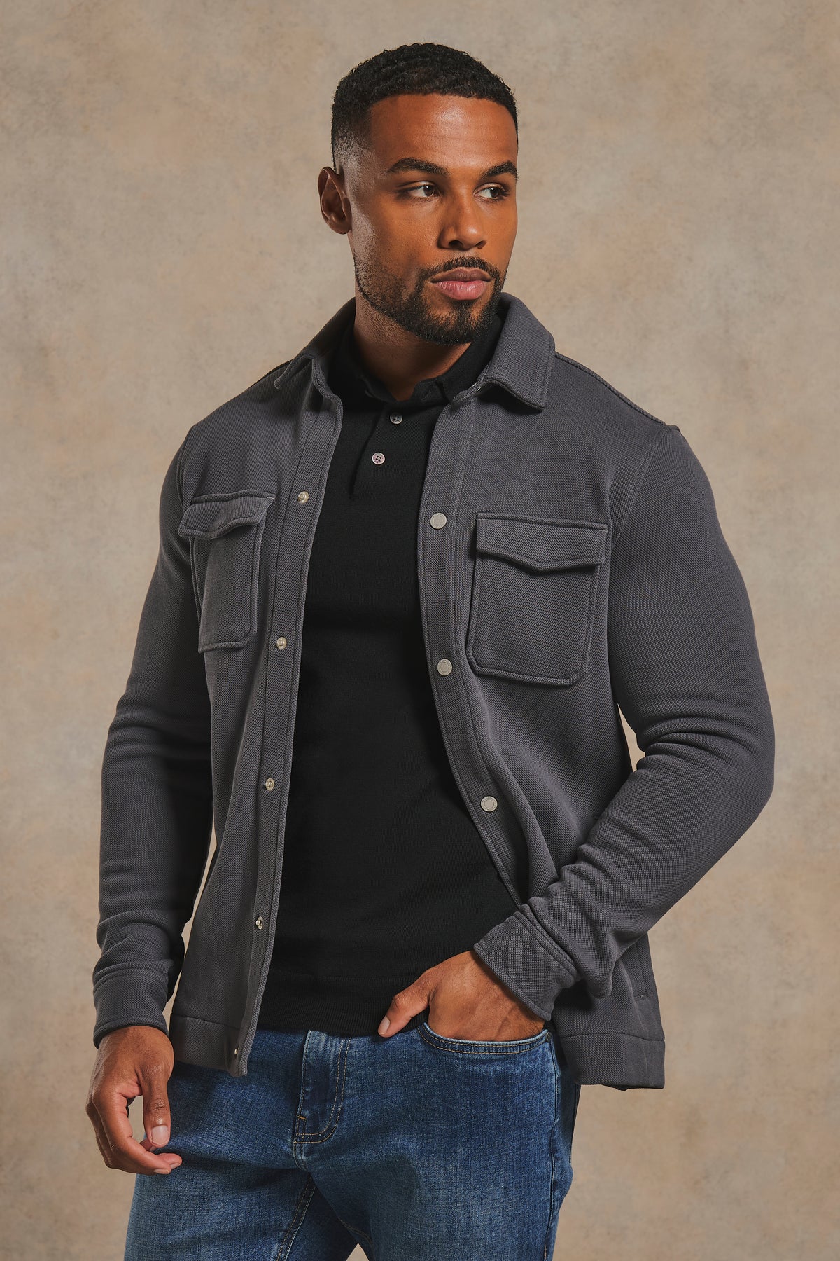 Textured Jersey Shacket in Charcoal