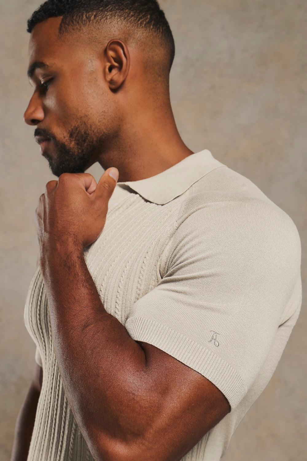 Fine Cable Knitted Open Collar Polo Shirt in Chalk