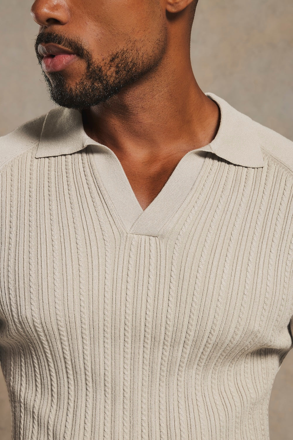 Fine Cable Knitted Open Collar Polo Shirt in Chalk