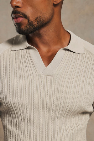 Fine Cable Knitted Open Collar Polo Shirt in Chalk