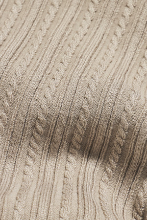 Fine Cable Knitted Open Collar Polo Shirt in Chalk