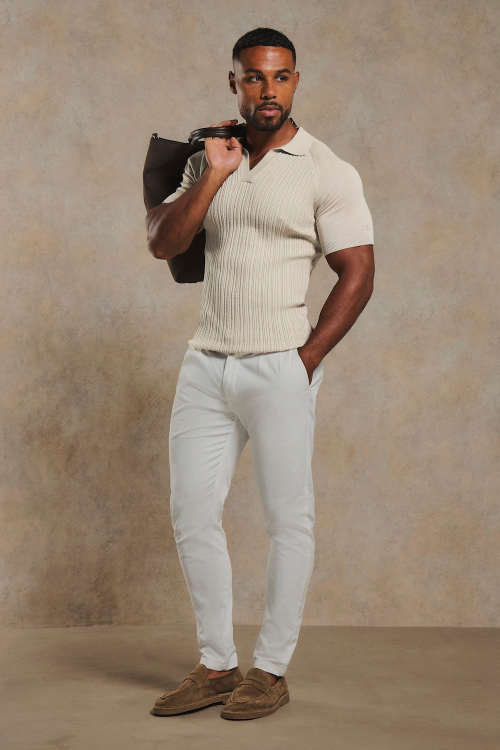 Fine Cable Knitted Open Collar Polo Shirt in Chalk