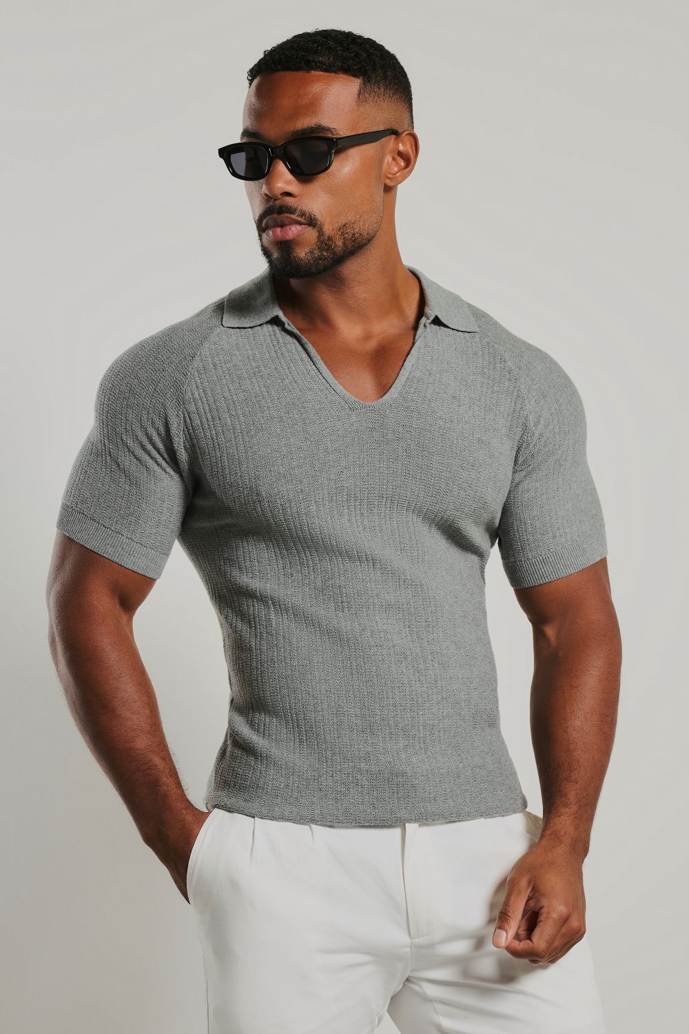 Textured Knitted V-Neck Open Collar Polo Shirt in Grey Marl