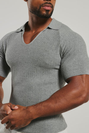 Textured Knitted V-Neck Open Collar Polo Shirt in Grey Marl