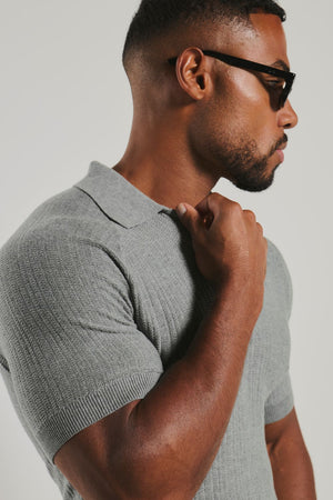 Textured Knitted V-Neck Open Collar Polo Shirt in Grey Marl
