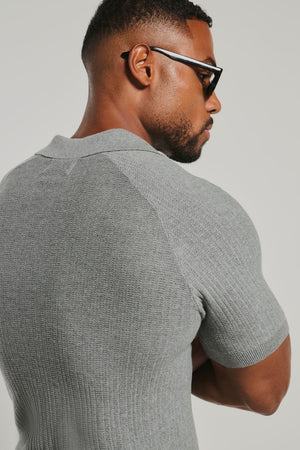 Textured Knitted V-Neck Open Collar Polo Shirt in Grey Marl