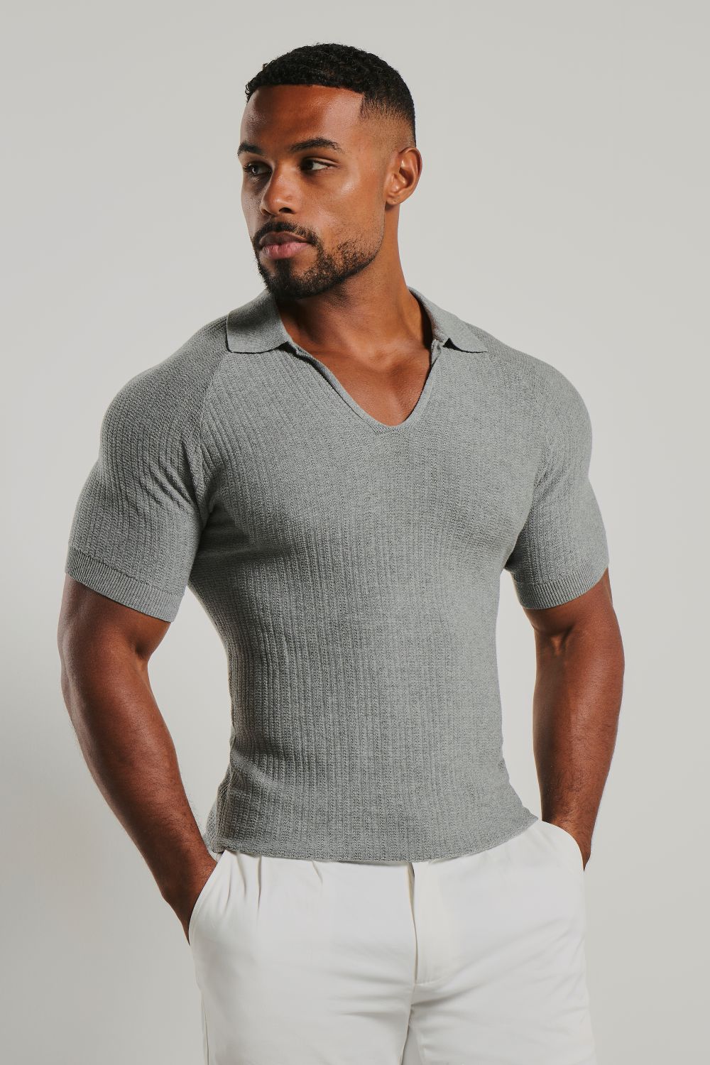 Textured Knitted V-Neck Open Collar Polo Shirt in Grey Marl