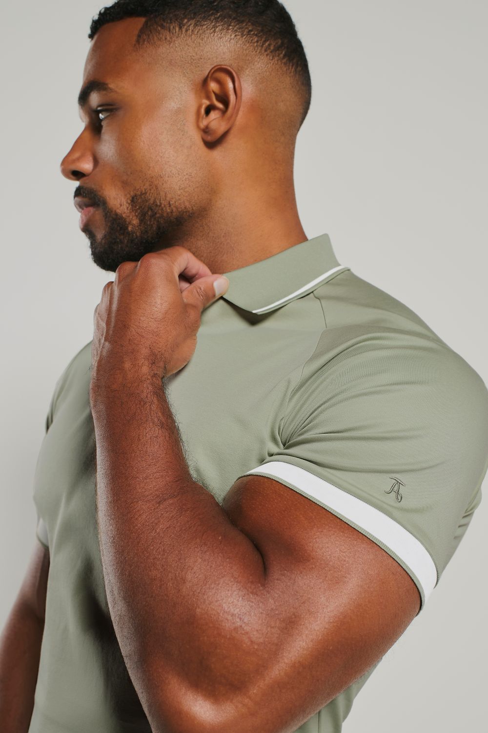 Mercerised Cotton Tipped Zip Neck Polo Shirt in Sage and White
