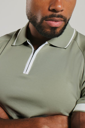 Mercerised Cotton Tipped Zip Neck Polo Shirt in Sage and White