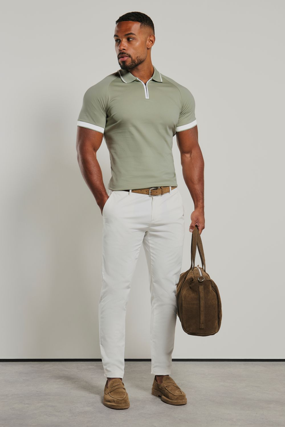 Mercerised Cotton Tipped Zip Neck Polo Shirt in Sage and White