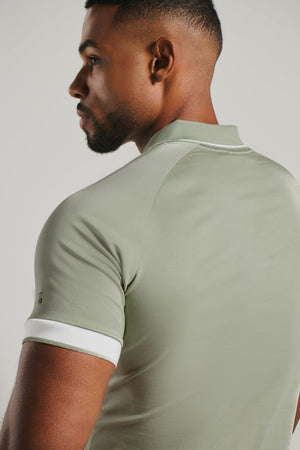 Mercerised Cotton Tipped Zip Neck Polo Shirt in Sage and White