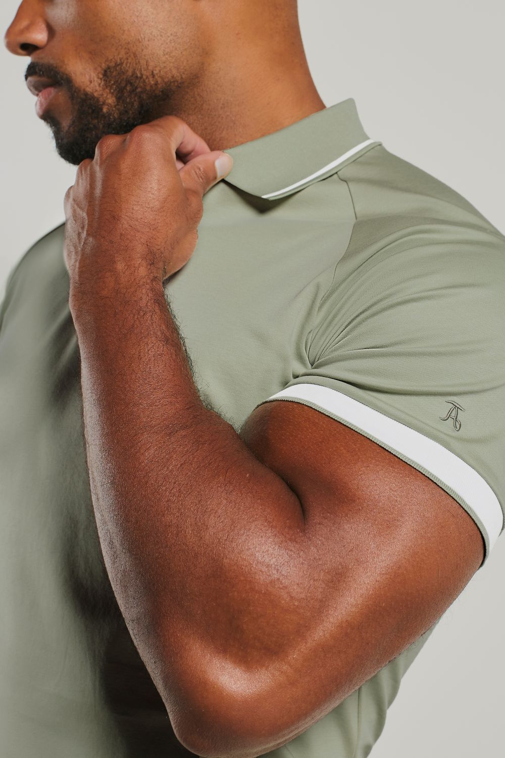 Mercerised Cotton Tipped Zip Neck Polo Shirt in Sage and White