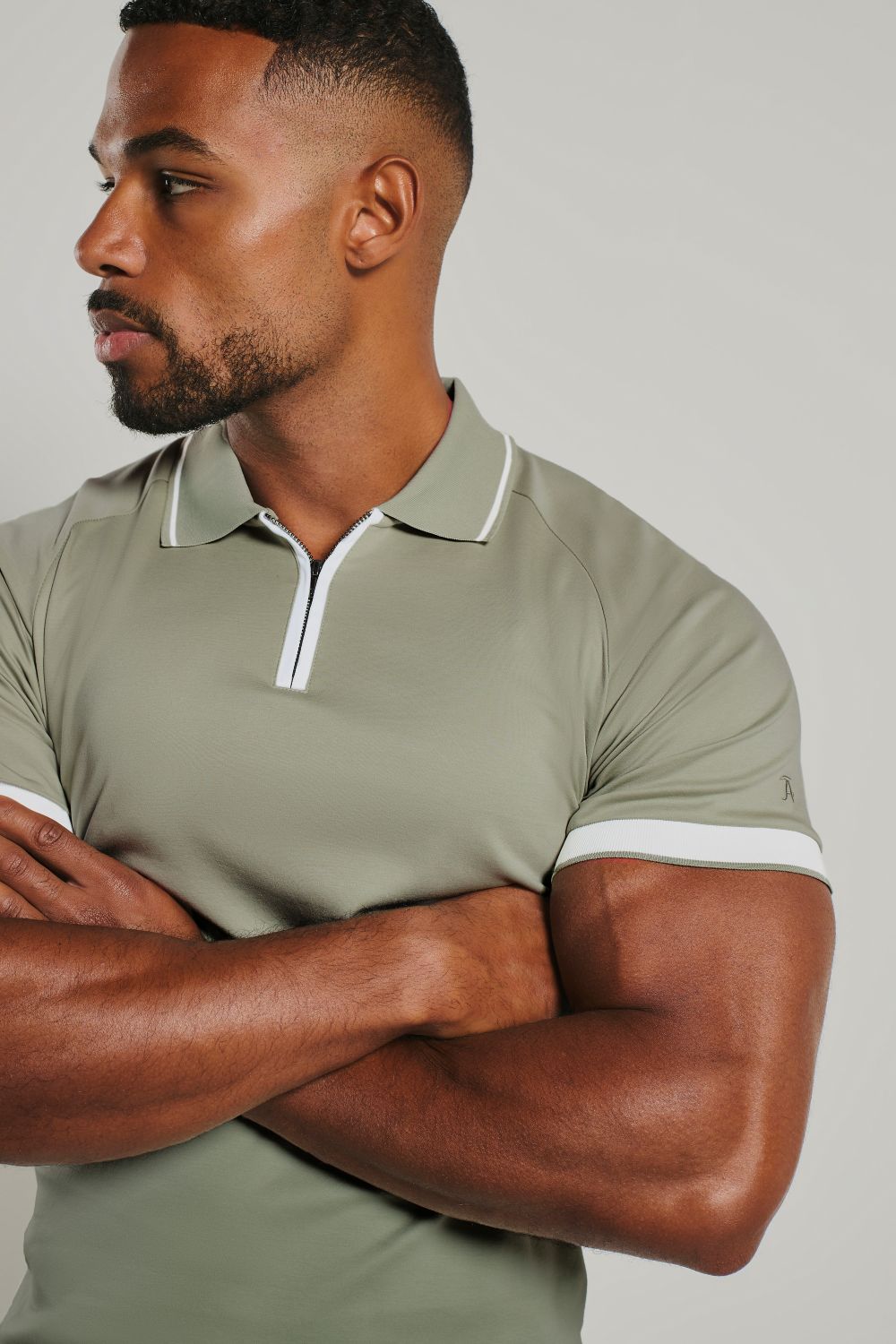 Mercerised Cotton Tipped Zip Neck Polo Shirt in Sage and White