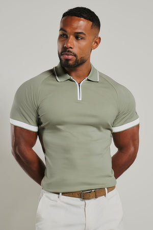 Mercerised Cotton Tipped Zip Neck Polo Shirt in Sage and White