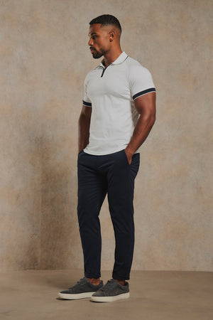 Mercerised Cotton Tipped Zip Neck Polo Shirt in White and Navy