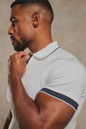 Mercerised Cotton Tipped Zip Neck Polo Shirt in White and Navy