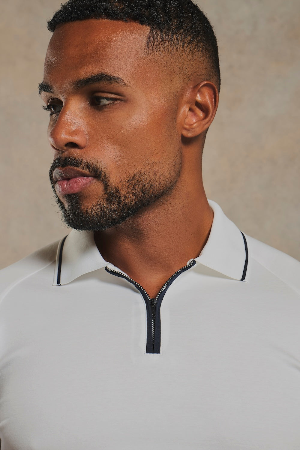 Mercerised Cotton Tipped Zip Neck Polo Shirt in White and Navy