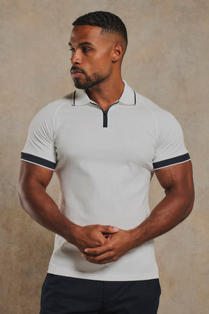 Mercerised Cotton Tipped Zip Neck Polo Shirt in White and Navy