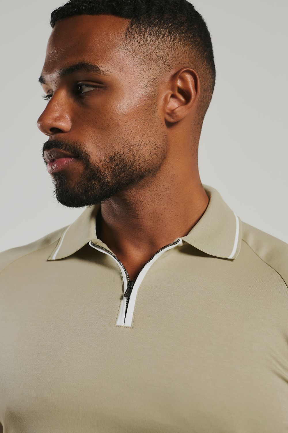 Mercerised Cotton Tipped Zip Neck Polo Shirt in Stone and White